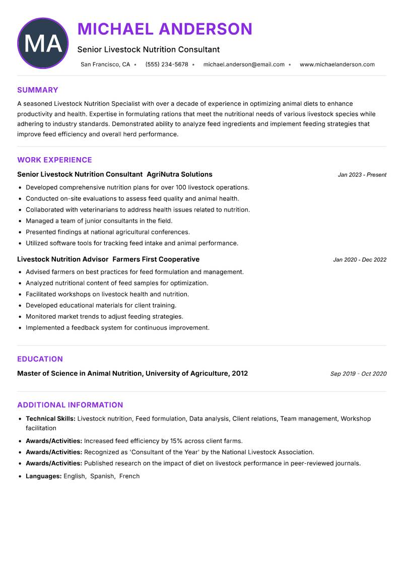 Livestock Nutrition Specialist Resume Preview Example