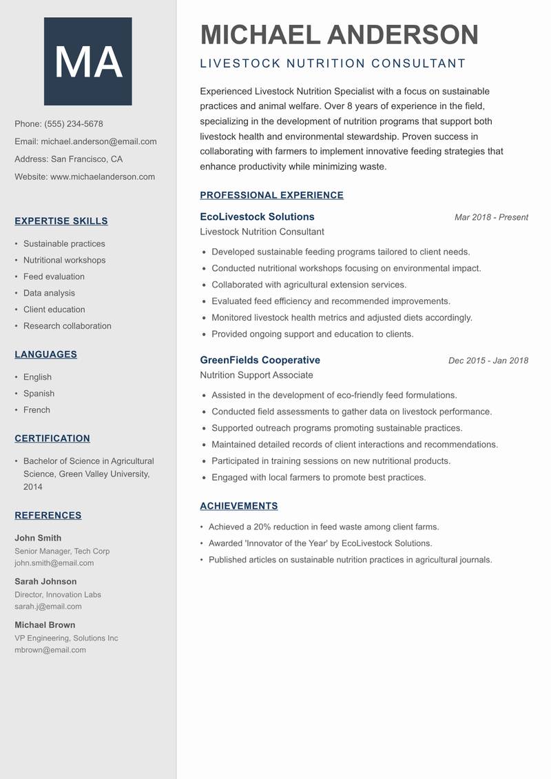 Livestock Nutrition Specialist Resume Preview Example