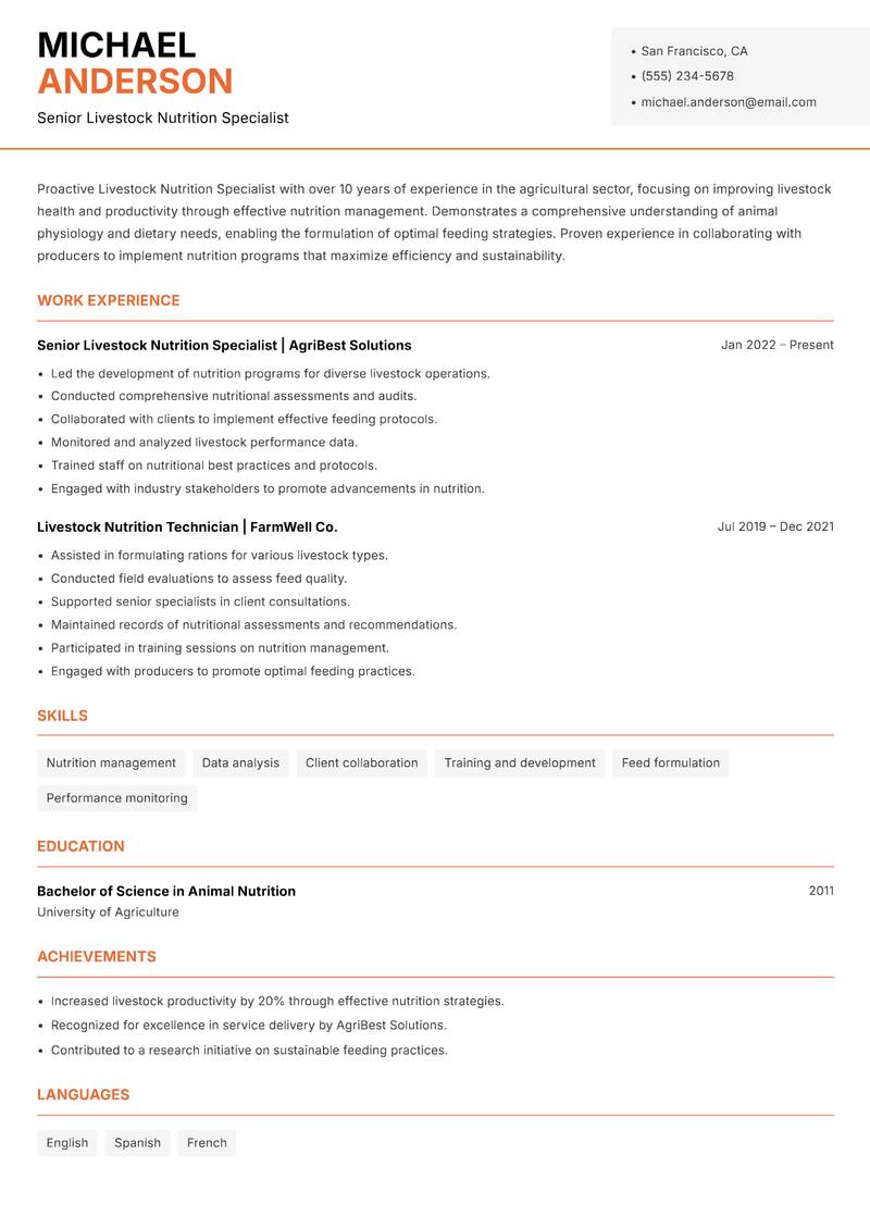 Livestock Nutrition Specialist Resume Template