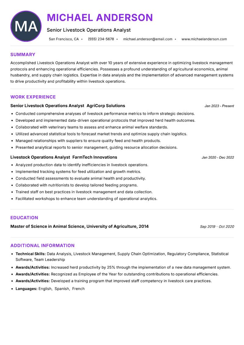 Livestock Operations Analyst Resume Preview Example