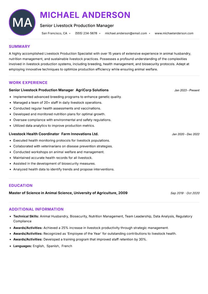 Livestock Production Specialist Resume Preview Example