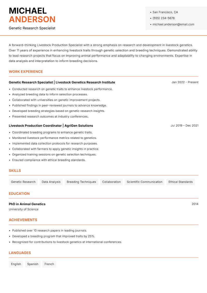 Livestock Production Specialist Resume Template