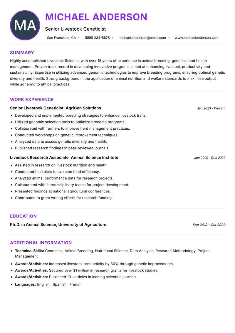 Livestock Scientist Resume Preview Example