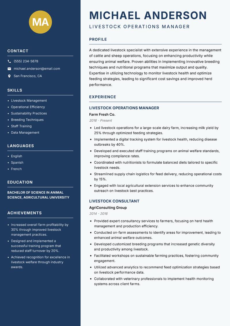 Livestock Specialist Resume Preview Example