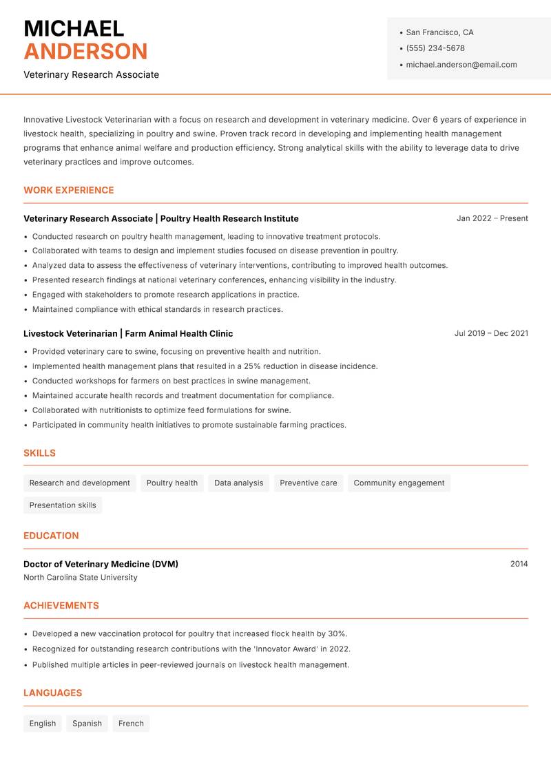 Livestock Veterinarian Resume Template