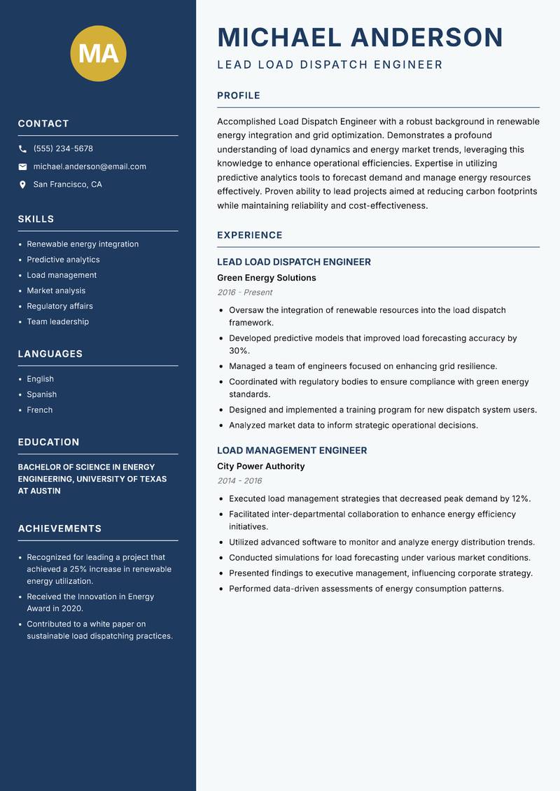 Load Dispatch Engineer Resume Preview Example