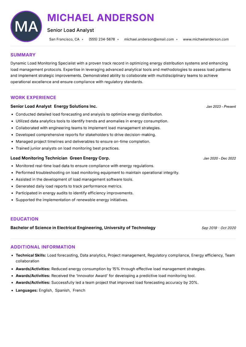 Load Monitoring Specialist Resume Preview Example
