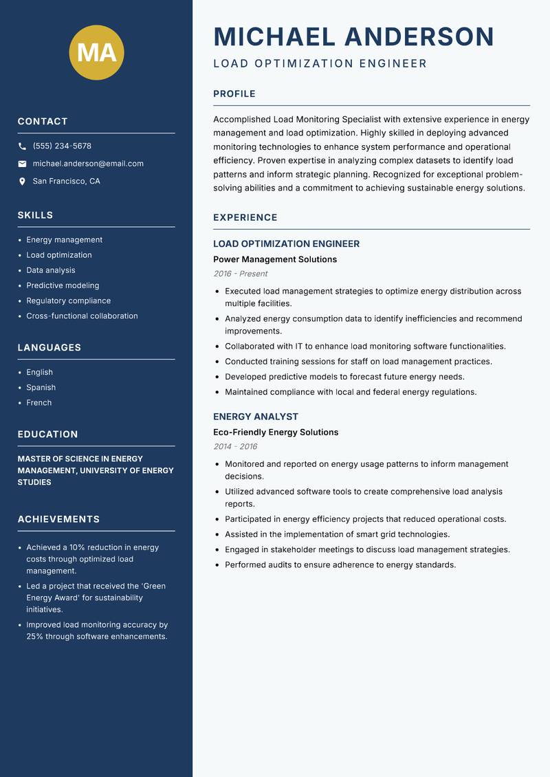 Load Monitoring Specialist Resume Preview Example