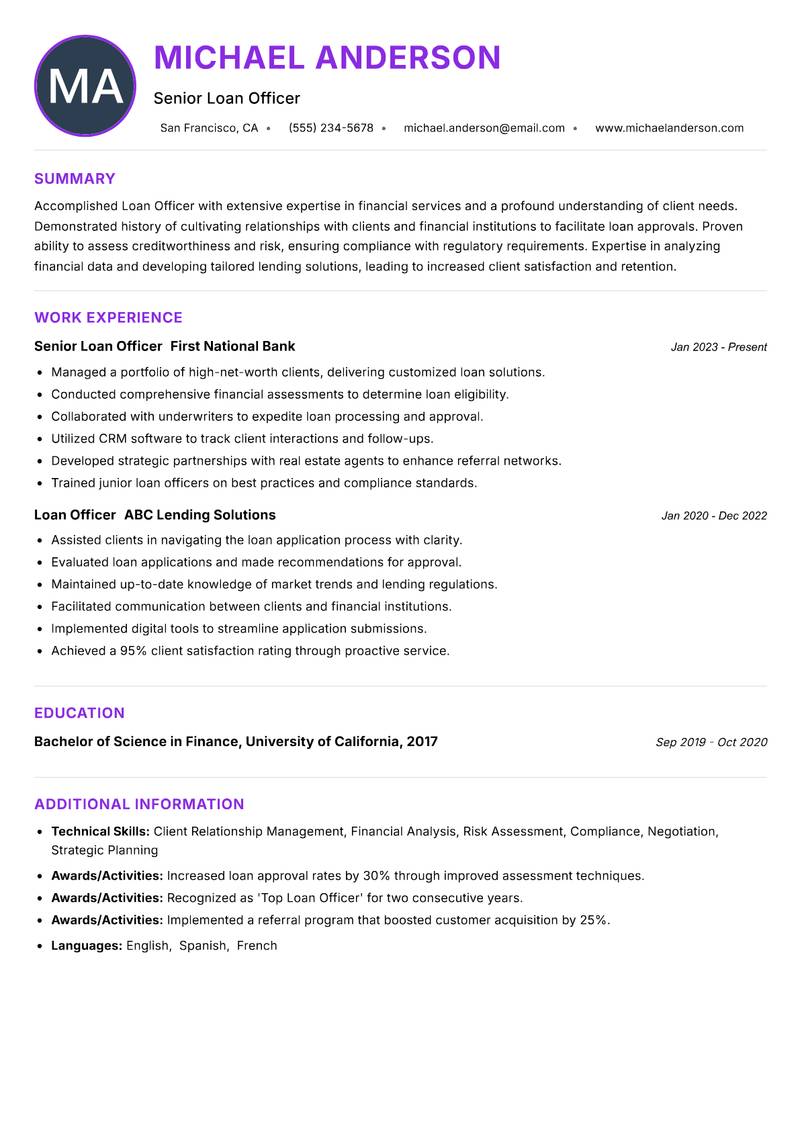 Loan Officer Resume Preview Example