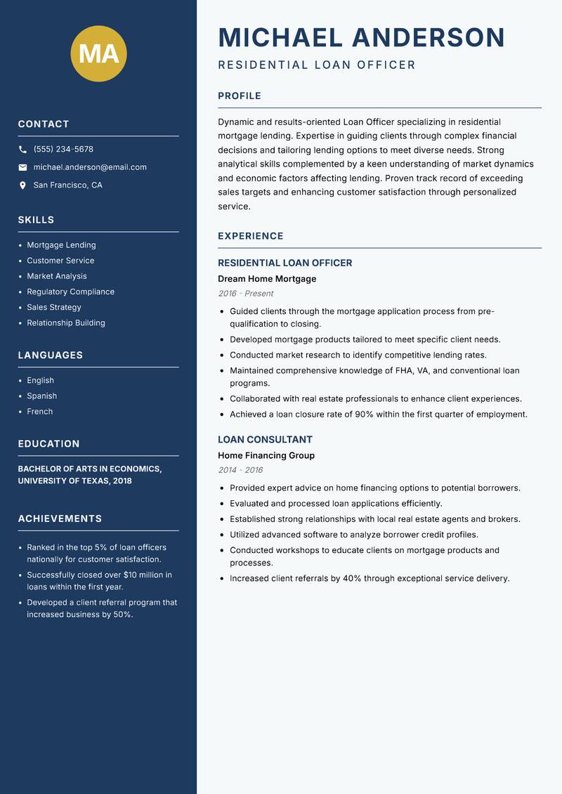 Loan Officer Resume Preview Example