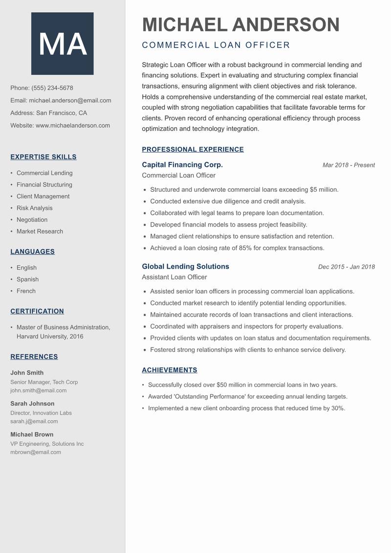 Loan Officer Resume Preview Example