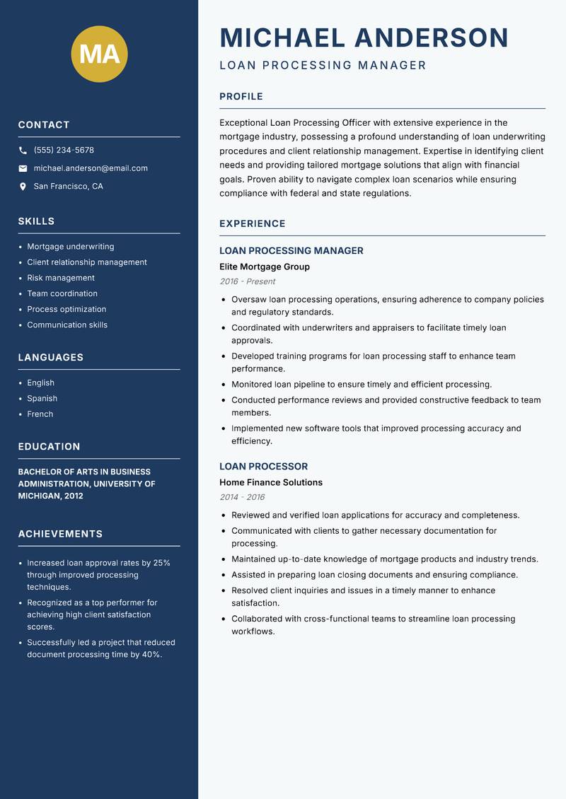 Loan Processing Officer Resume Preview Example