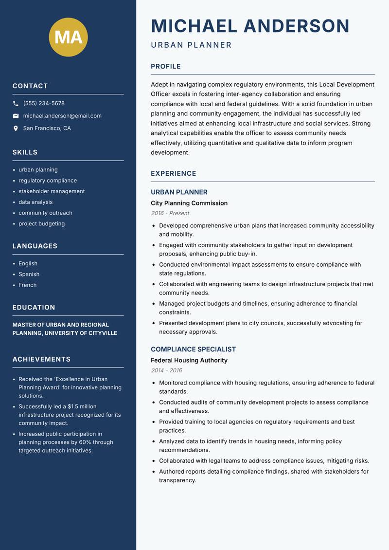 Local Development Officer Resume Preview Example