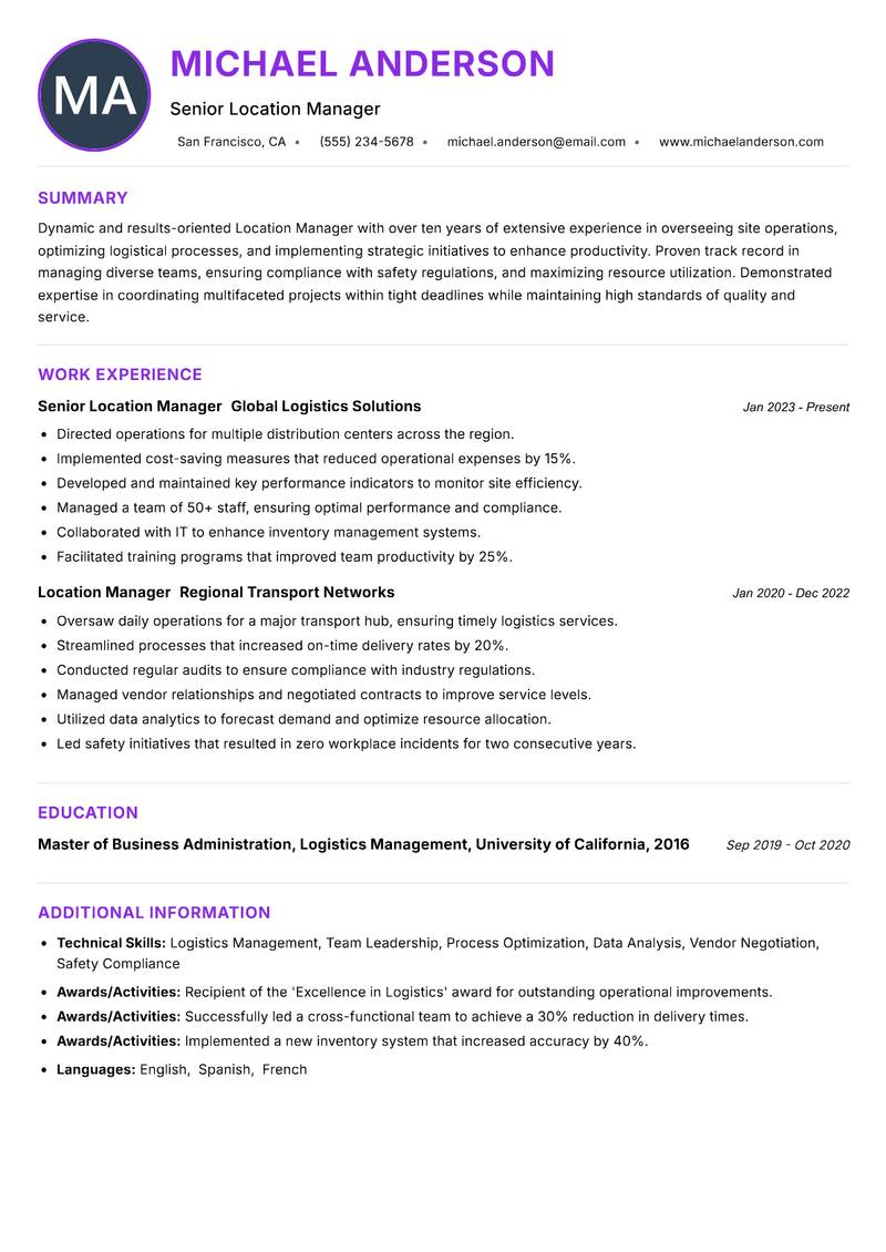 Location Manager Resume Preview Example