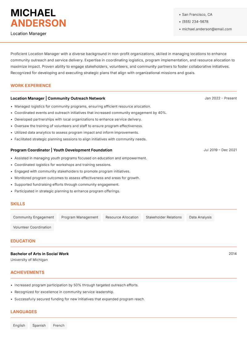 Location Manager Resume Template