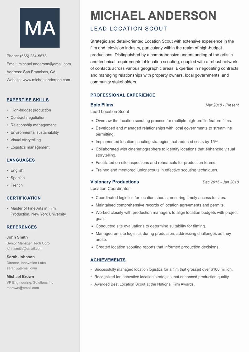 Location Scout Resume Preview Example