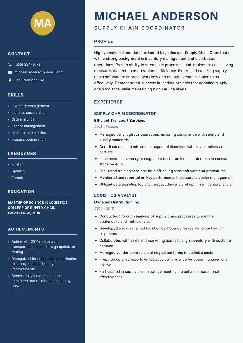 Logistics and Supply Chain Coordinator Resume Preview Example