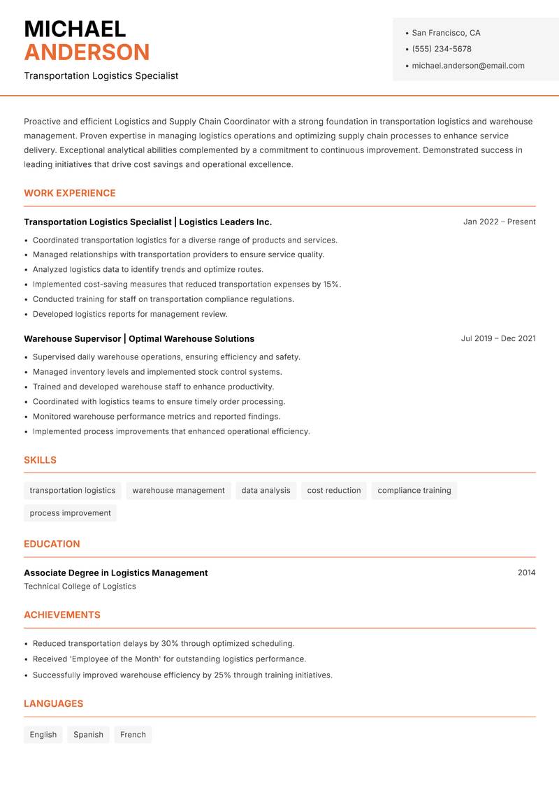 Logistics and Supply Chain Coordinator Resume Template