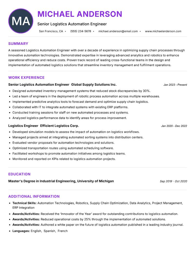 Logistics Automation Engineer Resume Preview Example