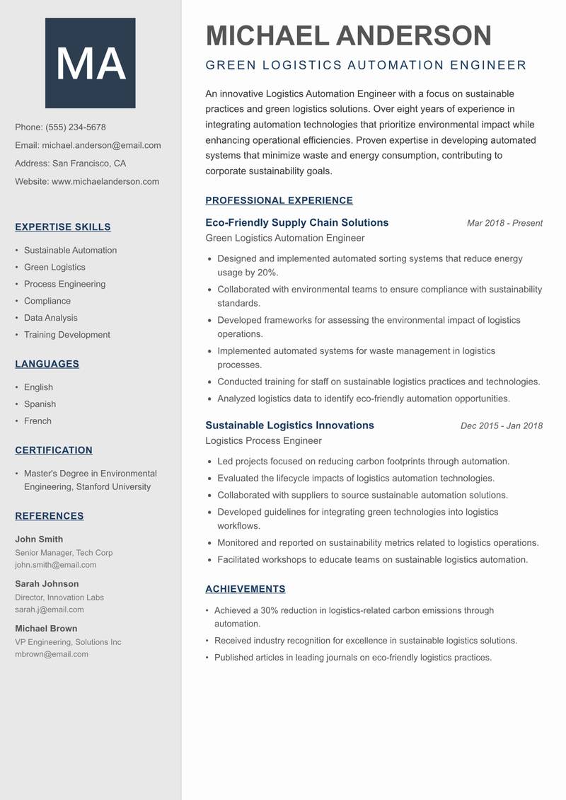 Logistics Automation Engineer Resume Preview Example