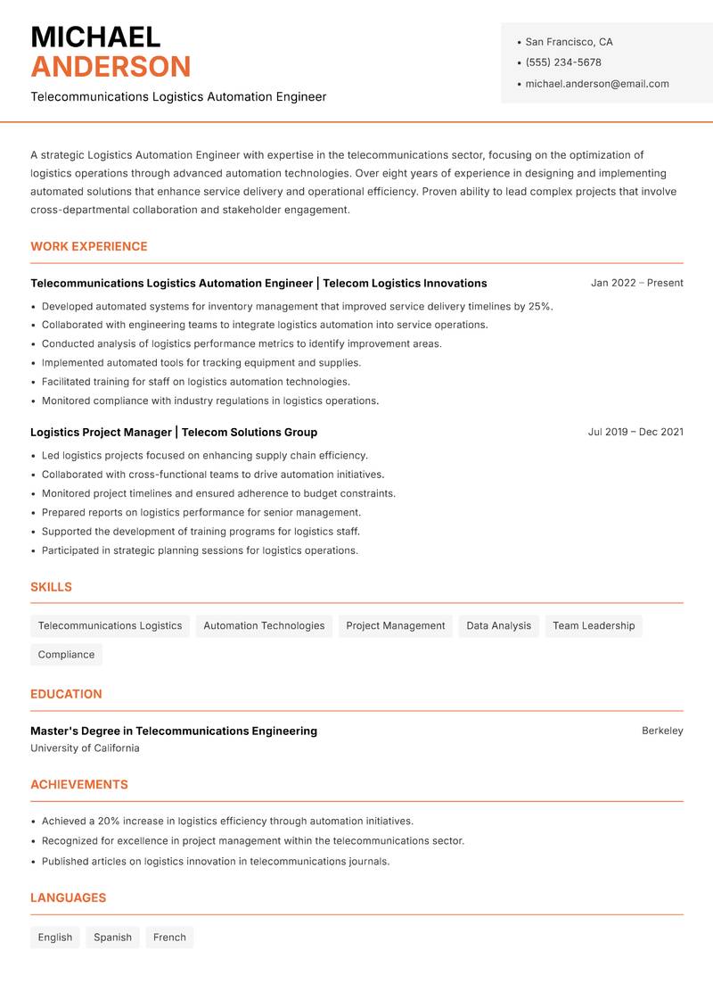 Logistics Automation Engineer Resume Template