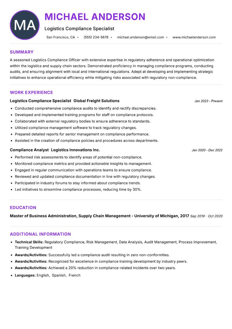 Logistics Compliance Officer Resume Preview Example