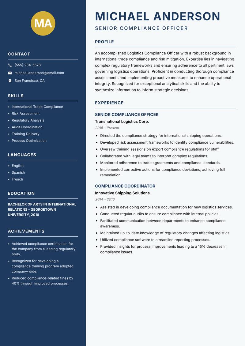 Logistics Compliance Officer Resume Preview Example