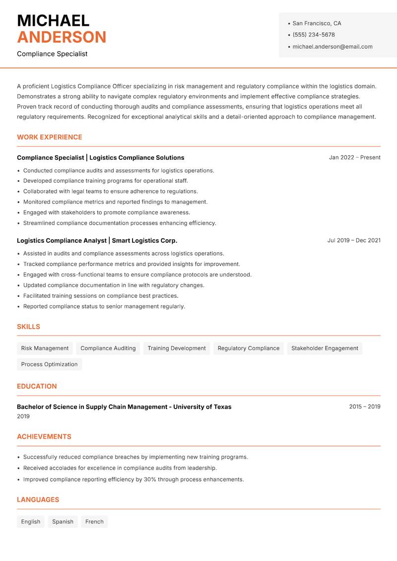 Logistics Compliance Officer Resume Template