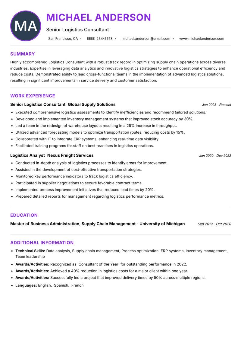 Logistics Consultant Resume Preview Example