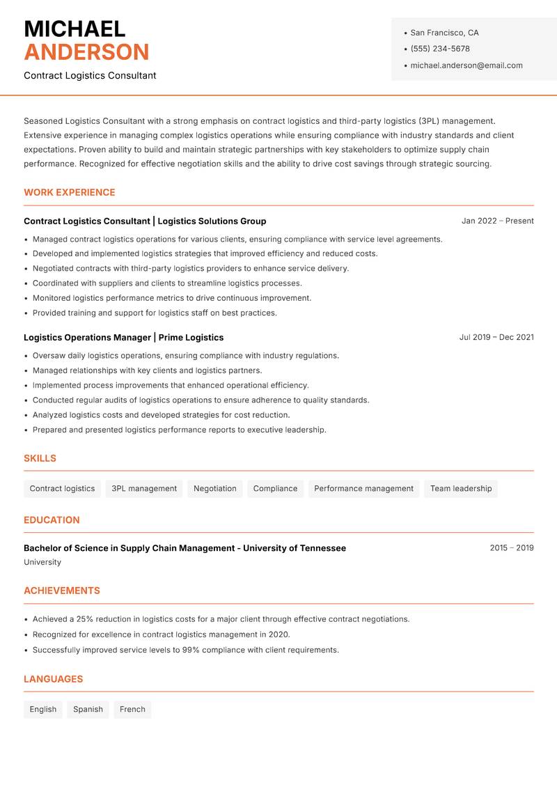 Logistics Consultant Resume Template