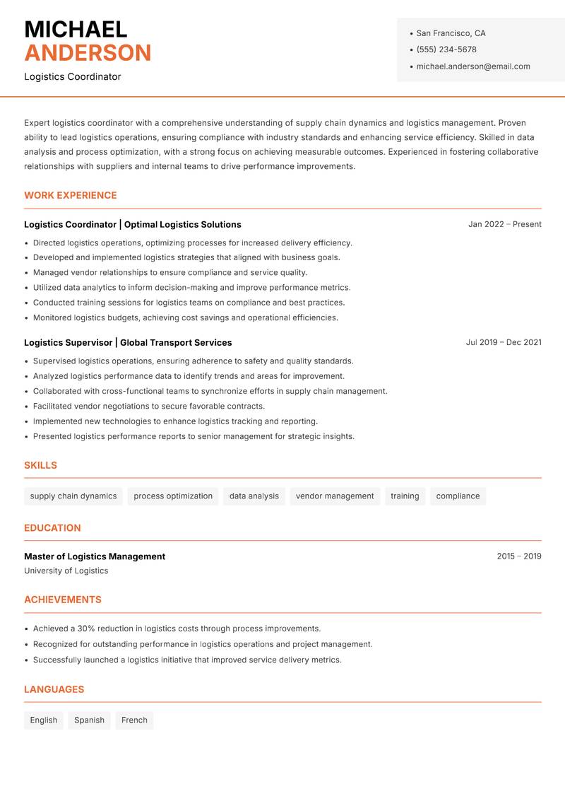 Logistics Coordinator Resume Template