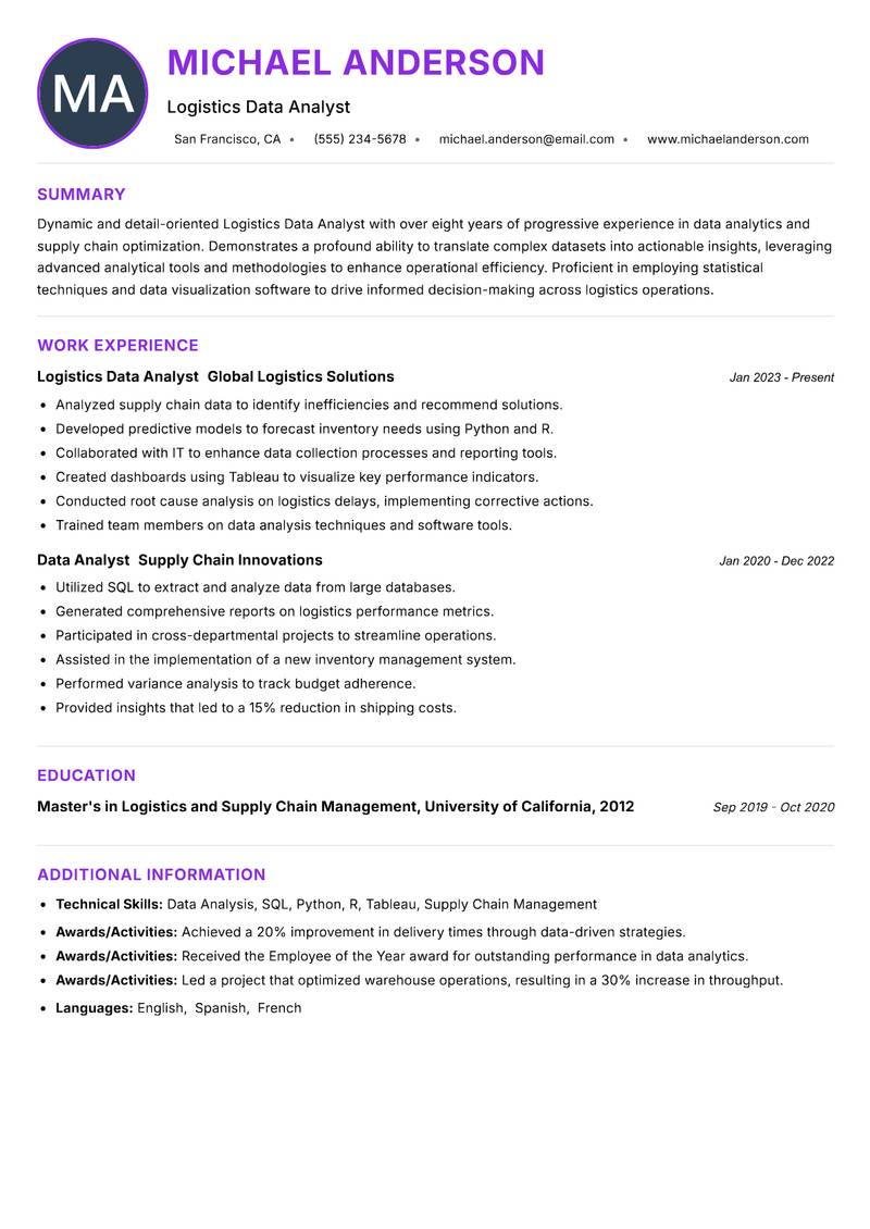 Logistics Data Analyst Resume Preview Example