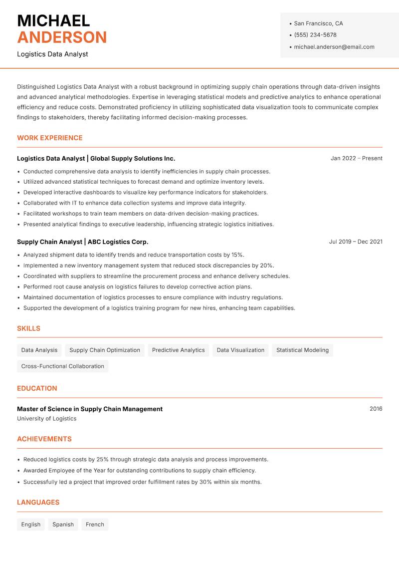 Logistics Data Analyst Resume Template