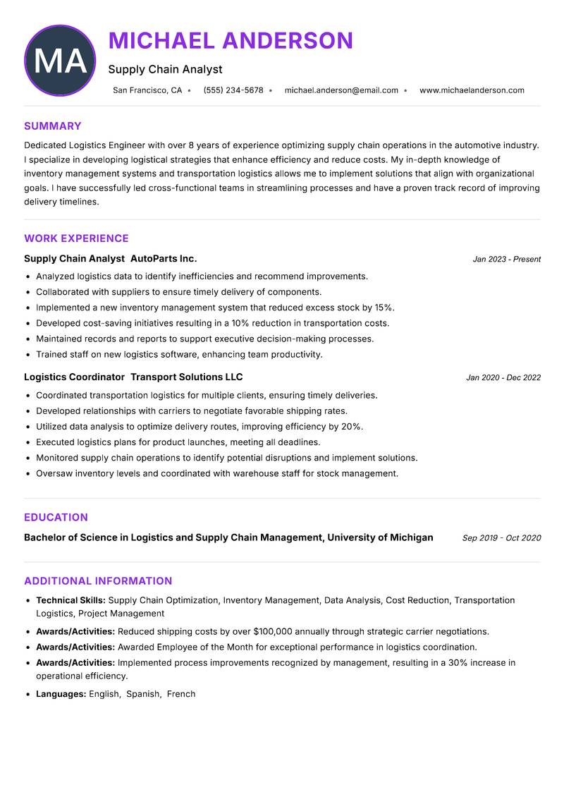 Logistics Engineer Resume Preview Example