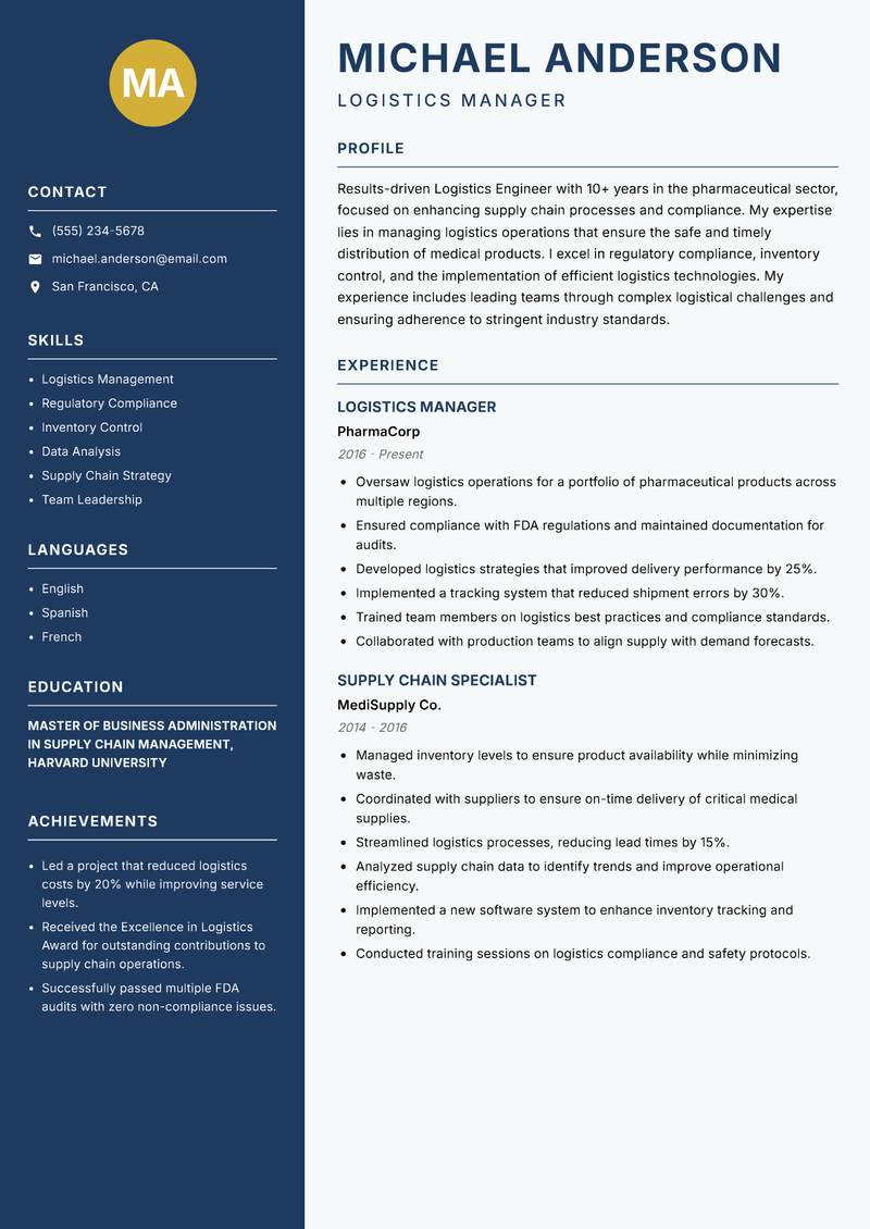 Logistics Engineer Resume Preview Example
