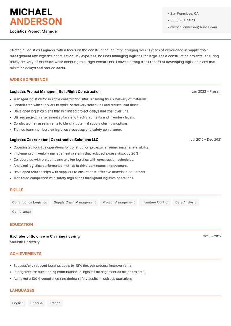 Logistics Engineer Resume Template