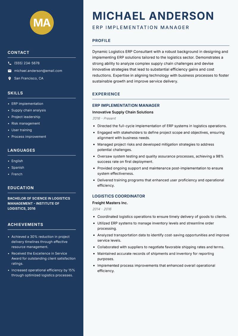 Logistics ERP Consultant Resume Preview Example