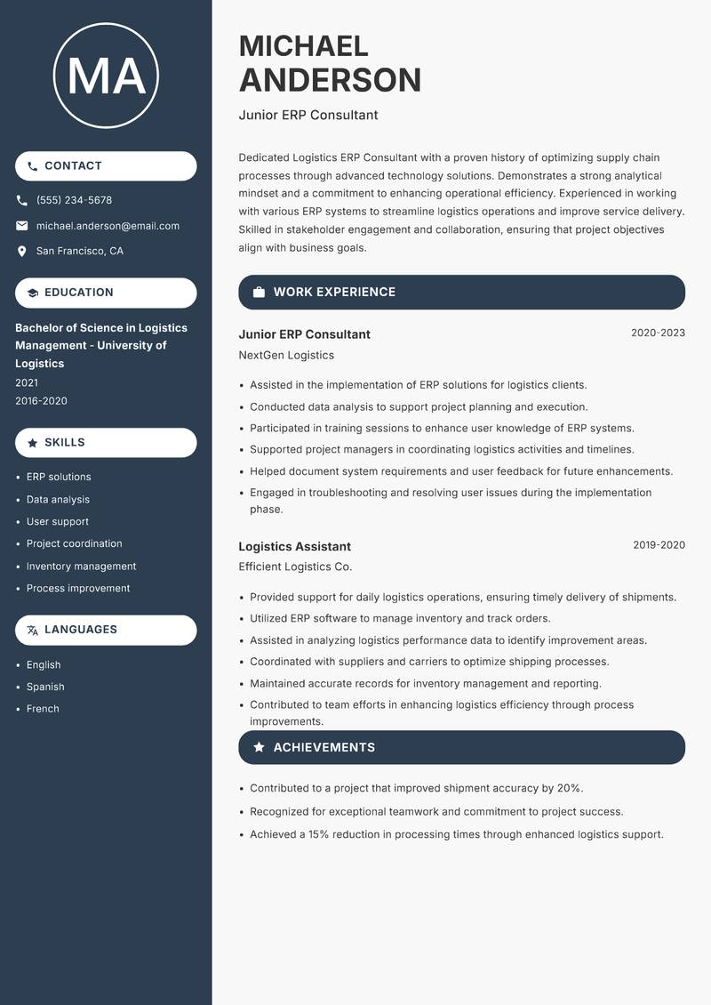 Logistics ERP Consultant Resume Preview Example