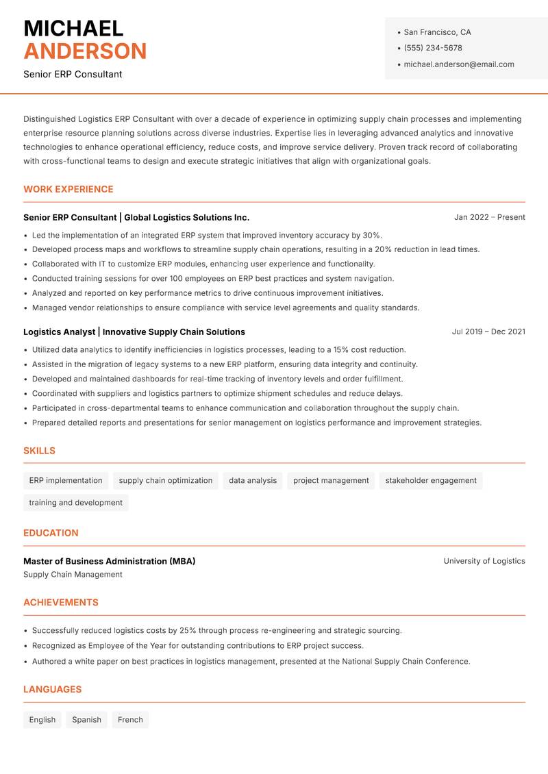 Logistics ERP Consultant Resume Template