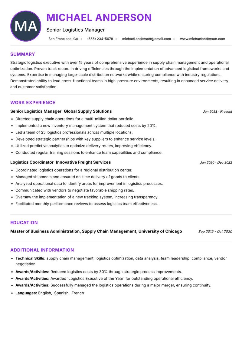 Logistics Executive Resume Preview Example