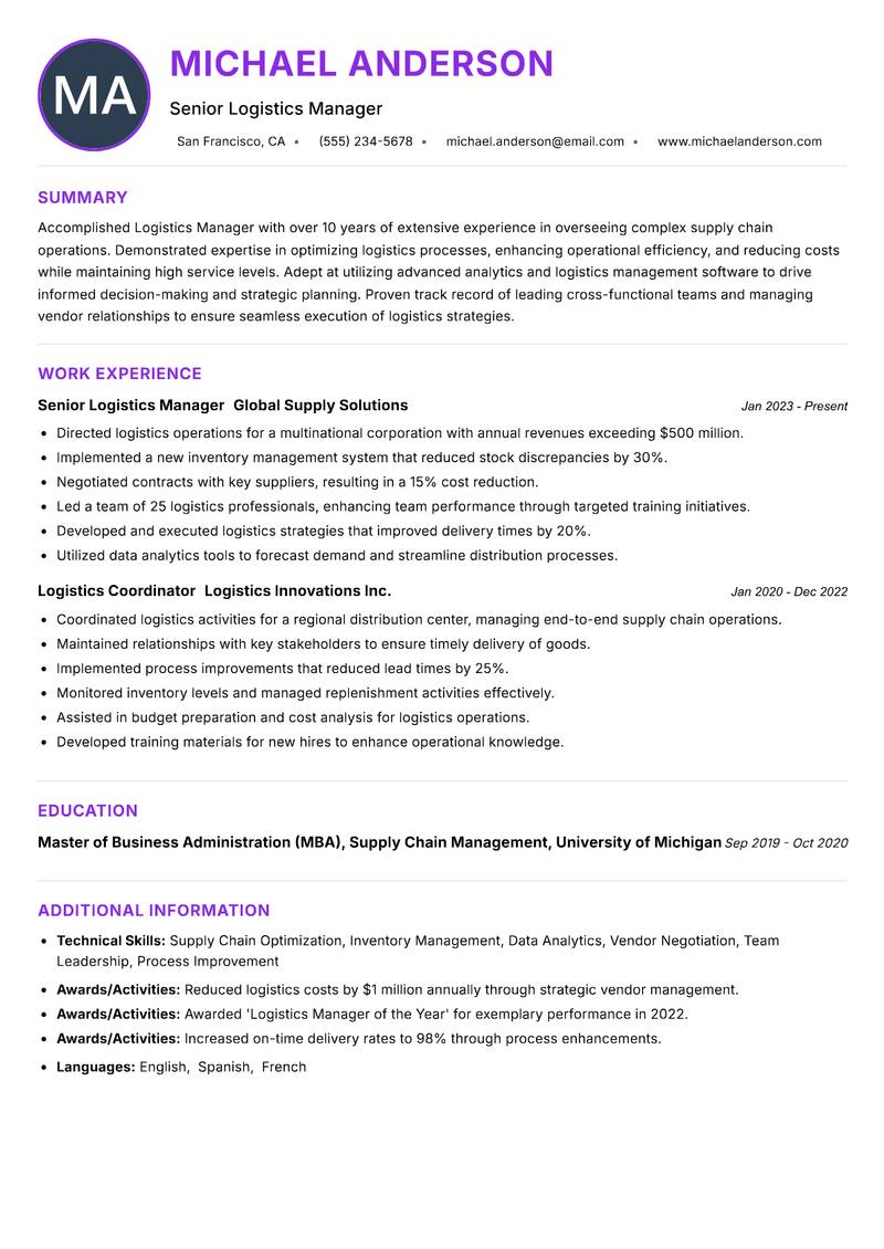 Logistics Manager Resume Preview Example