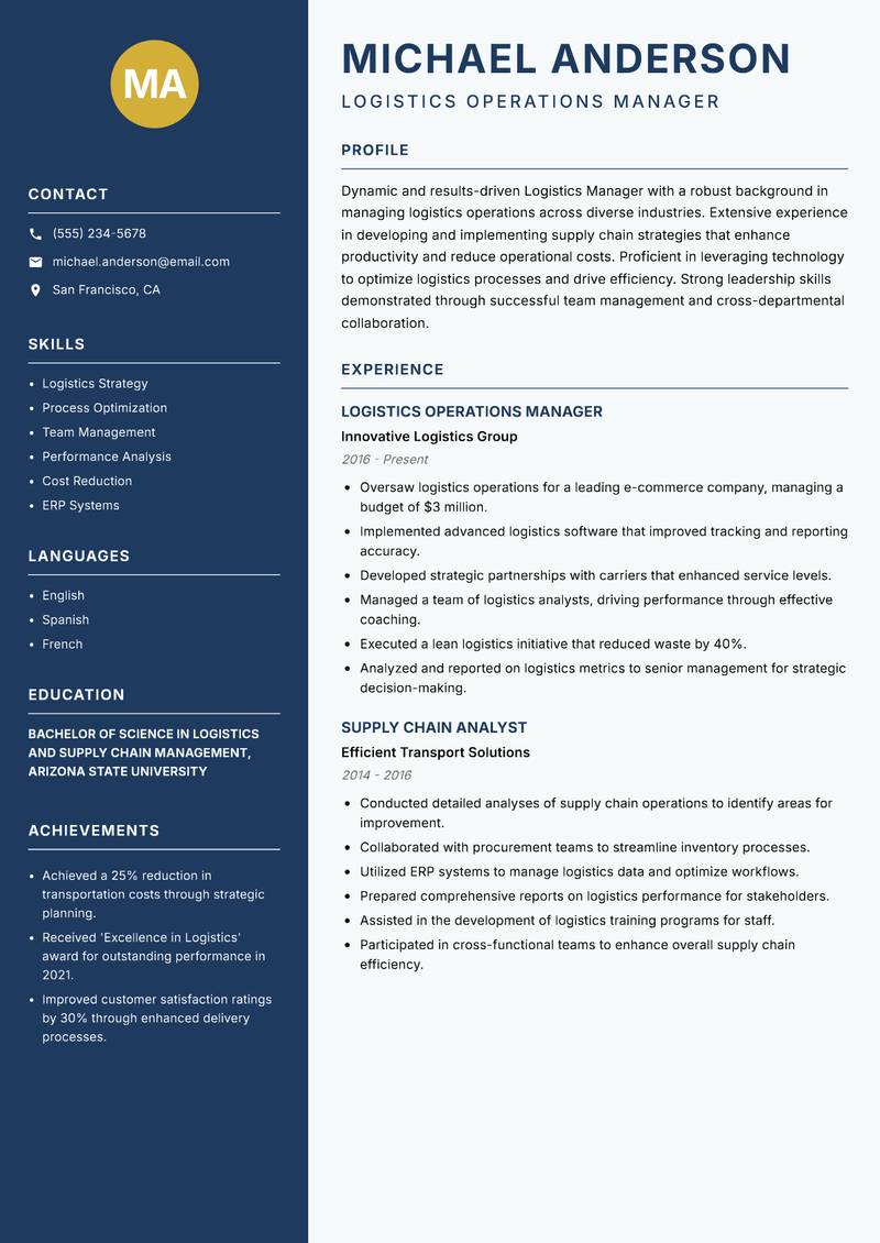 Logistics Manager Resume Preview Example