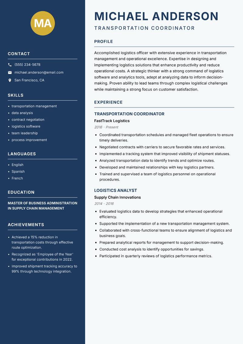Logistics Officer Resume Preview Example