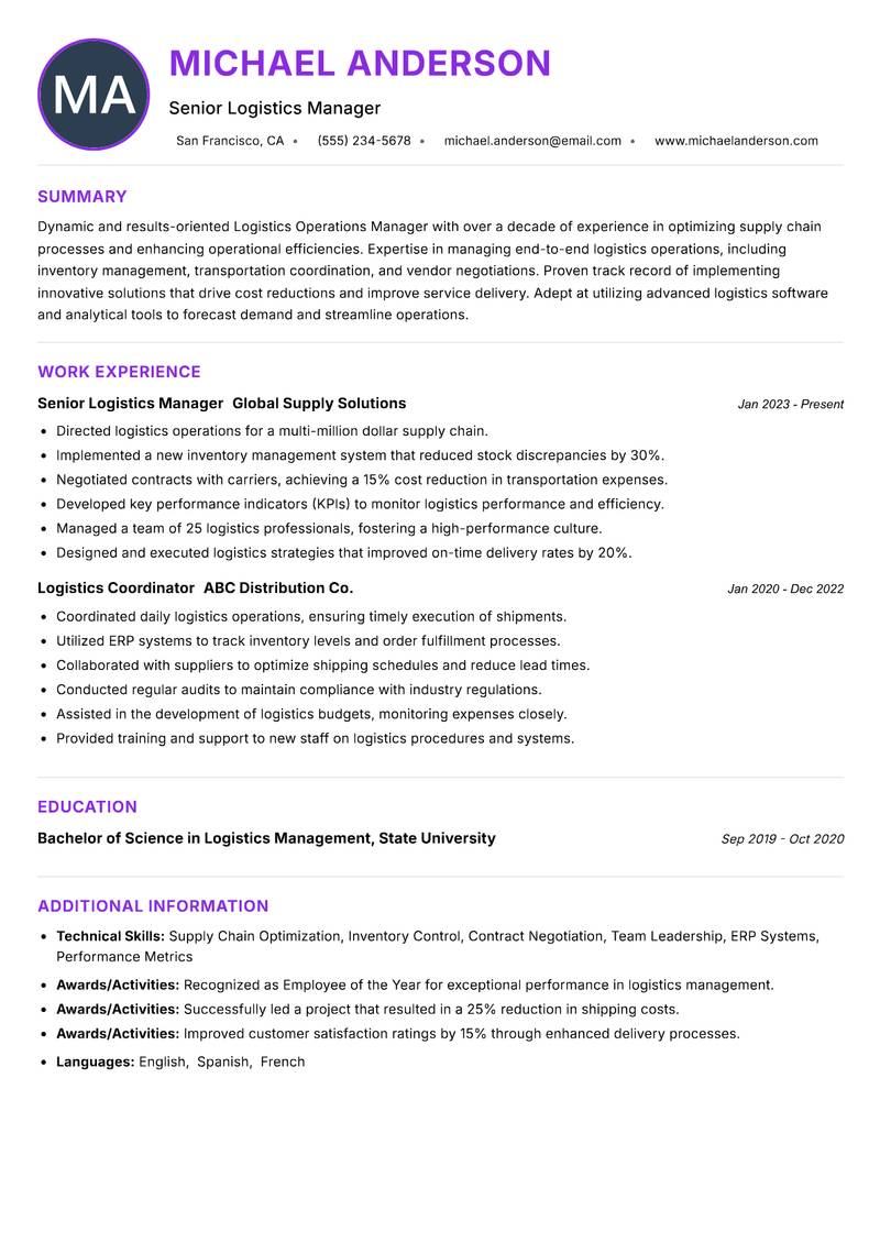 Logistics Operations Manager Resume Preview Example