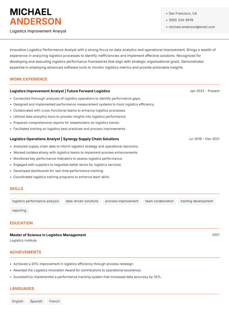 Logistics Performance Analyst Resume Template