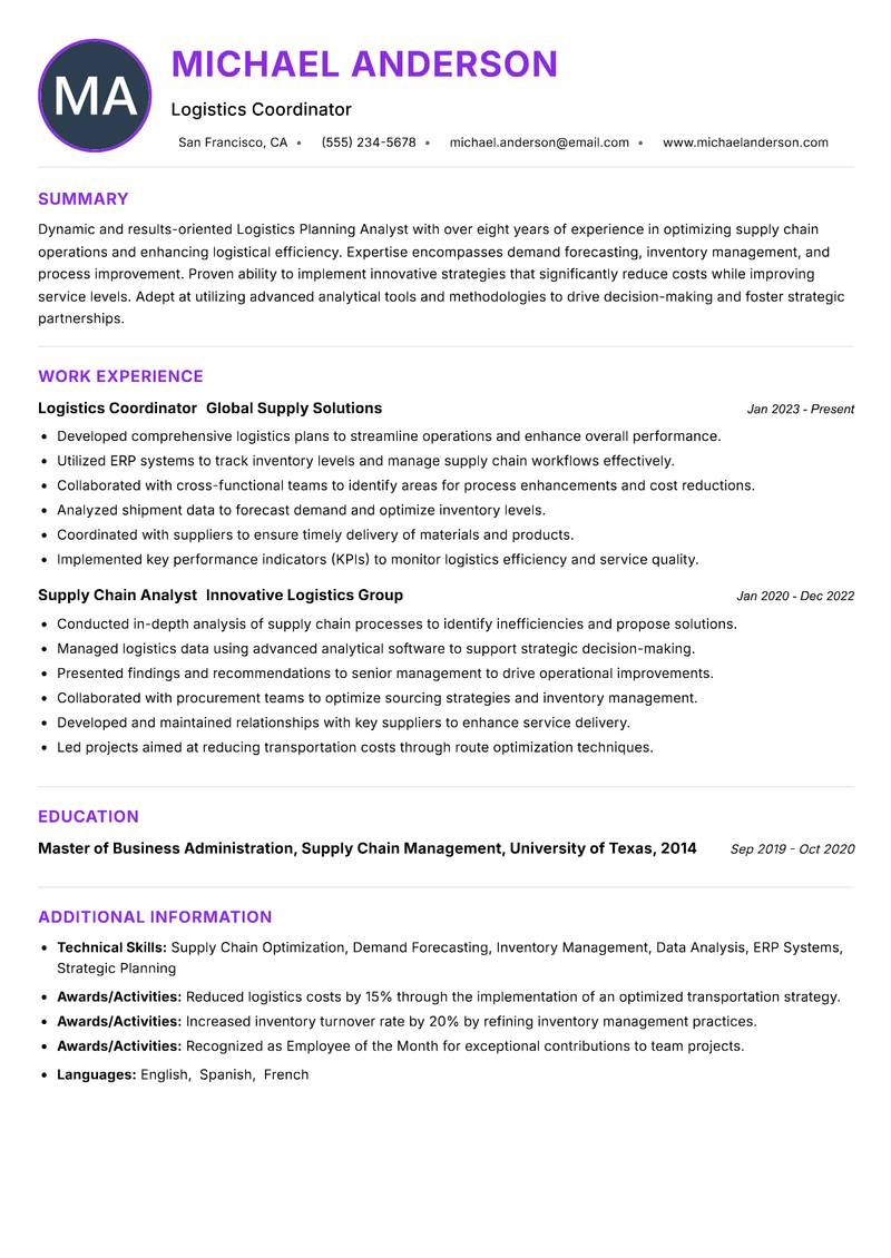 Logistics Planning Analyst Resume Preview Example