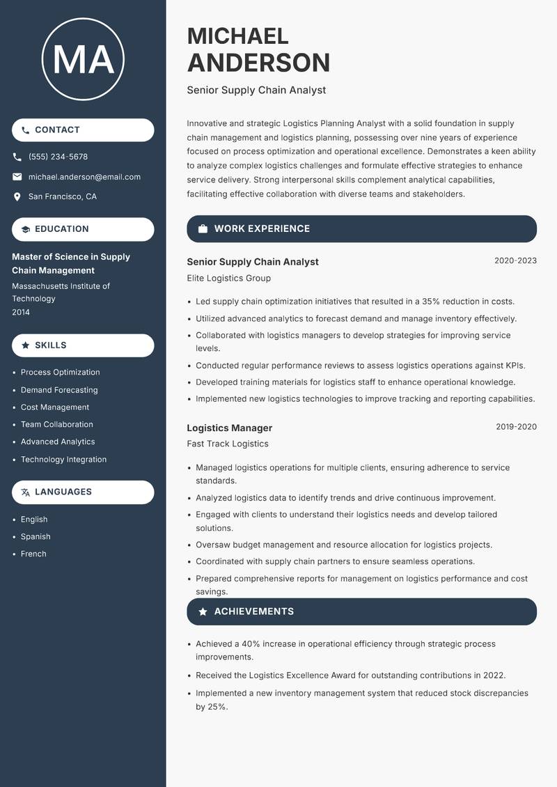 Logistics Planning Analyst Resume Preview Example
