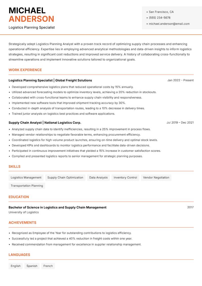 Logistics Planning Analyst Resume Template