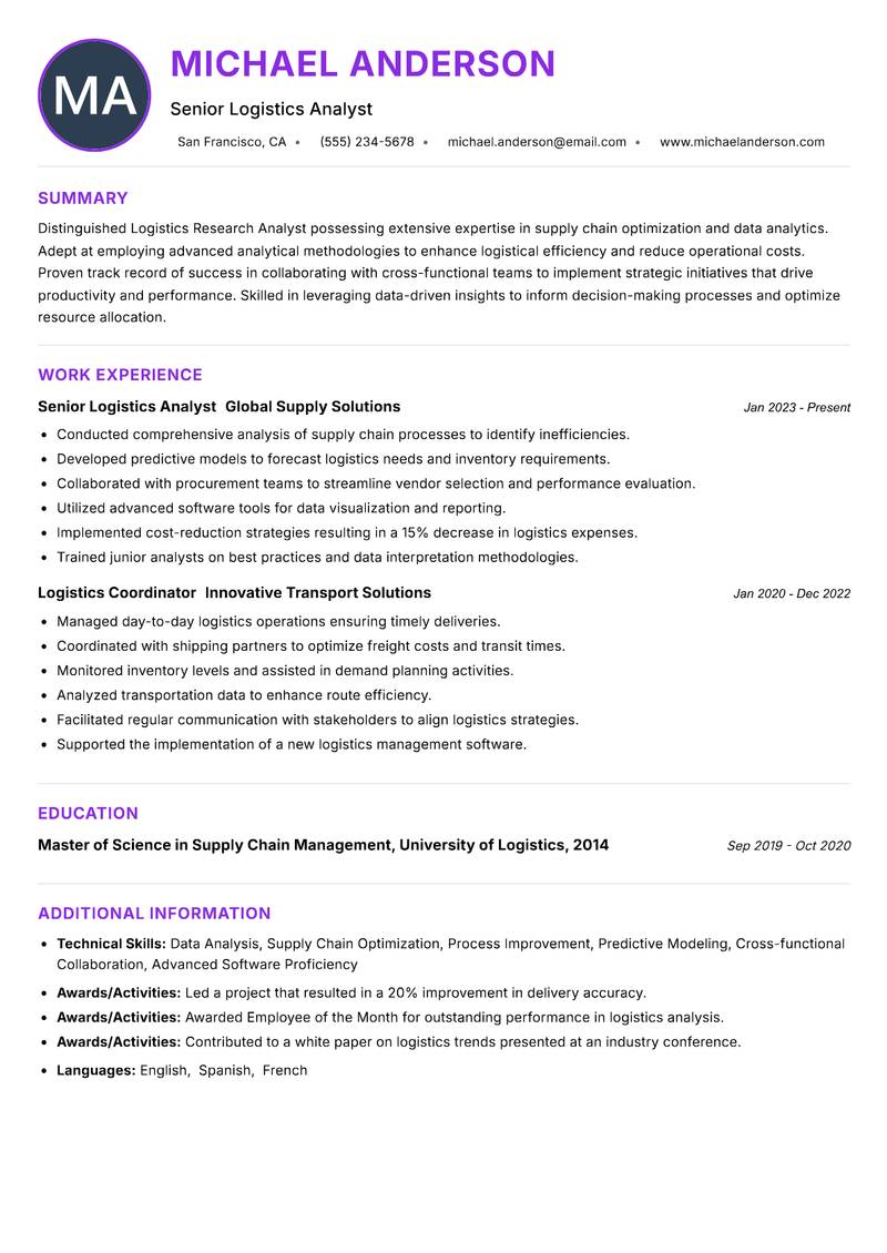 Logistics Research Analyst Resume Preview Example