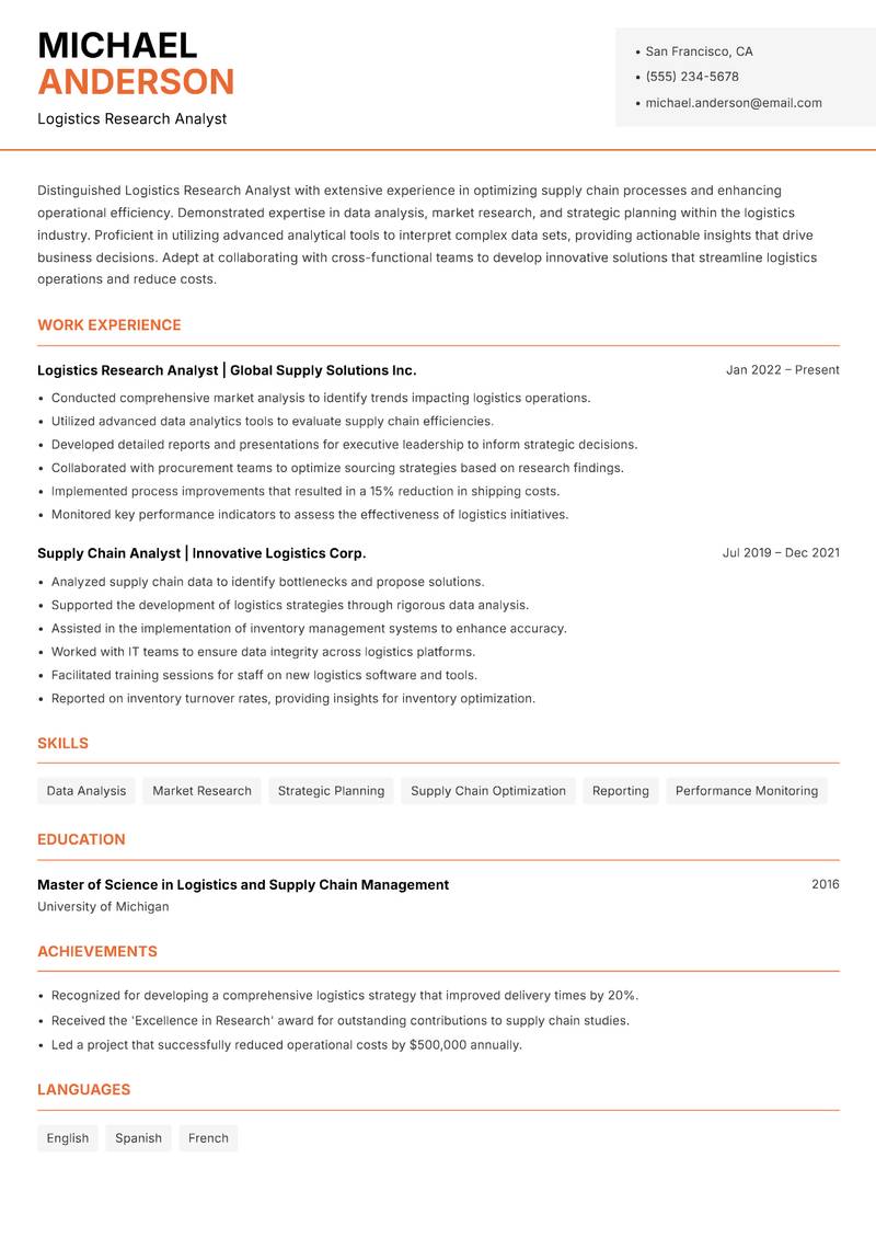 Logistics Research Analyst Resume Template